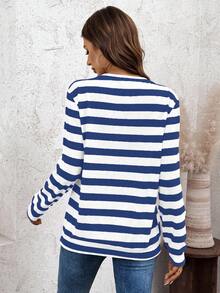 SHEIN LUNE Women's Athleisure Striped Crew Neck Casual Comfortable Basic Sweatshirt,Fall Stripe Top Blue Striped Shirt Long Sleeve Summer Top Striped Long Sleeve Blue And White Tops - Blue - View 2