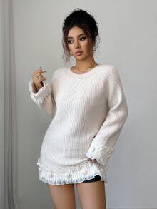 SHEIN Elenzya Women's Lace Patchwork Faux Pearl Collar Raglan Sleeve Sweater - Apricot - View 5
