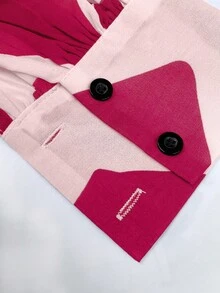 INAWLY 女士几何印花灯笼袖单排扣时尚衬衫 - 玫紅色 - 查看 4