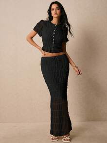 Poéselle Bộ 2 món áo cánh xếp ly bằng vải voan và chân váy dài cho nữ - màu đen - Xem 6