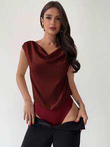 Firerie Bộ đồ liền thân bằng vải satin không tay cổ nhún bất đối xứng mới thanh lịch dành cho nữ, màu mơ, thiết kế tối giản, thích hợp cho các buổi hẹn hò, đi làm, mặc công sở, sang trọng - Màu Đỏ Sâu - Xem 2