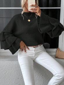 EMERY ROSE Women's Solid Color Round Neck Flare Sleeve Loose Casual Sweater, Autumn - Black - View 4