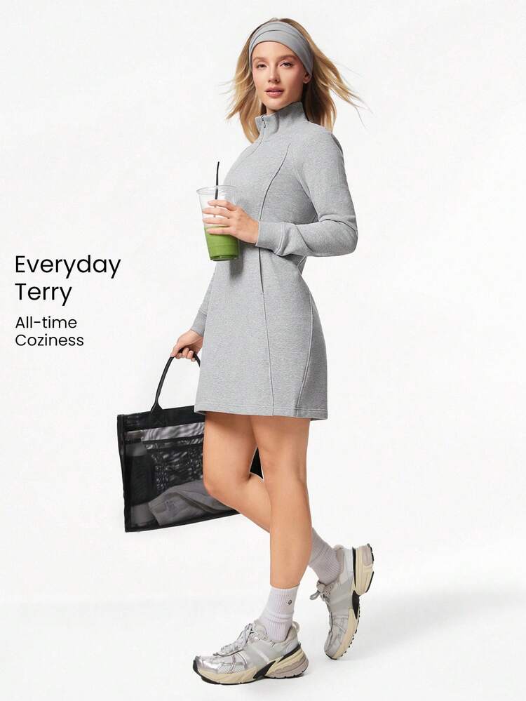 French Terry Midi Dress Side Pockets Zip Casual Daily