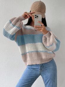 EMERY ROSE Women's Casual Loose Fit Contrast Color Round Neck Drop Shoulder Long Sleeve Sweater, Autumn - Multicolor - View 4