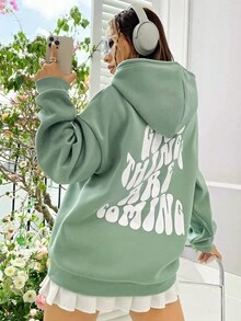 SHEIN Unity Slogan Graphic Drop Shoulder Drawstring Thermal Lined Hoodie GOOD THINGS ARE COMING - Mint Green - View 5
