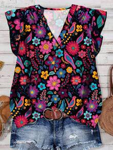 EMERY ROSE Áo sơ mi nữ họa tiết hoa Bohemian thường ngày, phù hợp cho mùa hè - màu đen - Xem 5