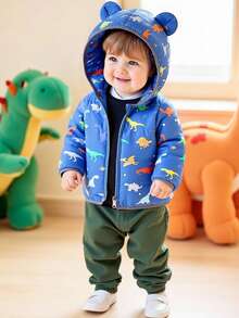 SHEIN 1 件男婴休闲可爱恐龙印花加厚连帽棉衣，适合上学、派对、运动、户外、秋冬季、幼儿拉链连帽衫、婴儿夹克、婴儿外套，6 个月-3 岁 - 藍色 - 查看 3