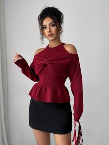 Elenzga Suéter de punto con volantes en el bajo, mangas largas, hombros descubiertos y decoración de lazo exagerado de unicolor para mujer - Rojo - Ver 5