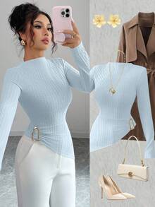 Selianne Y2K 风格女式奶油色条纹纹理针织立领长袖褶饰修身不对称金属纽扣装饰 T 恤，适合春秋休闲装和分层穿着 - 藍色 - 查看 5