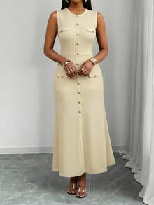 SHEIN PETITE CURVE Plus Size Women Solid Color Round Neck Single-Breasted Sleeveless Fitted Casual Dress - Apricot - View 5