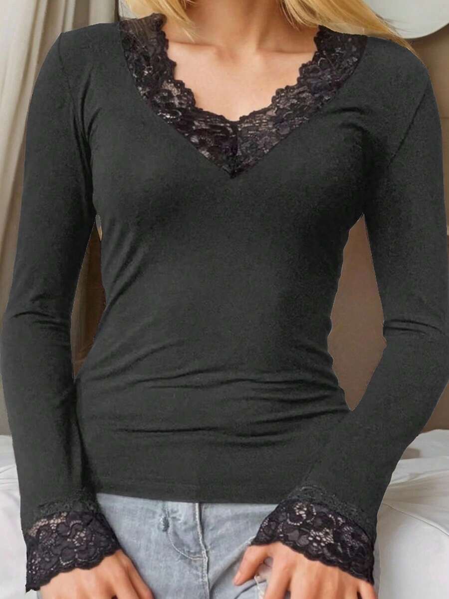 SHEIN EZwear Deep Grey V-Neck Lace Trim Fitted Long Sleeve T-Shirt, Suitable For Autumn/Winter - Dark Grey - View 1