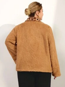 Momelise 大码豹纹拼布常规夹克 - 棕色 - 查看 3