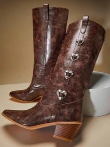 SHUZIA Cizme damă cu toc gros, înălțime medie, stil boho, stil western, sexy, casual, confortabile, vintage, PU, maro