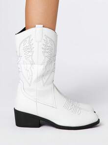 ROMWE Women's White Western Embroidered Cowboy Knee-High Boots, Low Heel Leather Motorcycle Boots, Women's Ankle Boots - White - View 4
