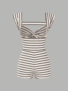 SHEIN PETITE 女士度假针织条纹前扭纹锁孔露背连体裤 - 黑與白 - 查看 2