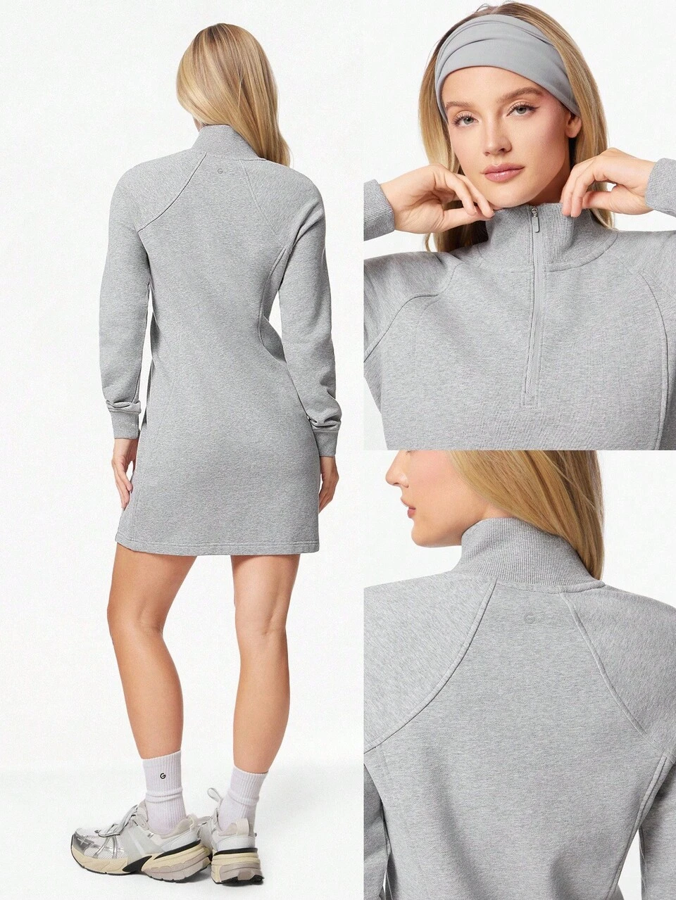 French Terry Midi Dress Side Pockets Zip Casual Daily