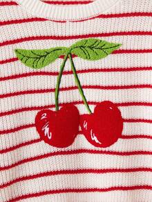 SHEIN MOD Plus Size Women's Red & White Striped Cherry Embroidery Sweater,Autumn And Winter Matching Pullover Sweater, Cute Cherry, Red And White Striped Sweater Fall