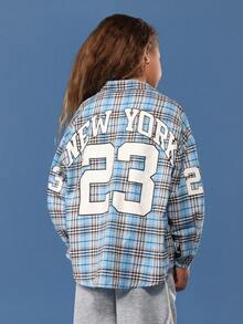 SUMWON Cotton Oversized Plaid Button Down Shirt With Long Sleeves And Chest Print For Casual School Days - Blue - View 1