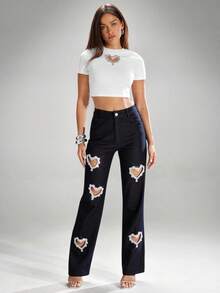 Denimoi Quần jean denim ống đứng cạp cao cắt đá hình trái tim - màu đen - Xem 4