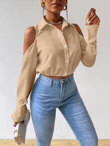 Zolique Solid Textured Button Front Cold-Shoulder Collar Blouse Women Shirt - Khaki - View 5