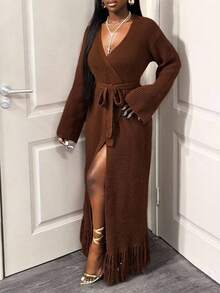 BamGleam 女士毛衣连衣裙开衫针织长袖黄色流苏吊带宽松开衩度假旅行派对女装春秋款冬夏款 - 卡其色 - 查看 1