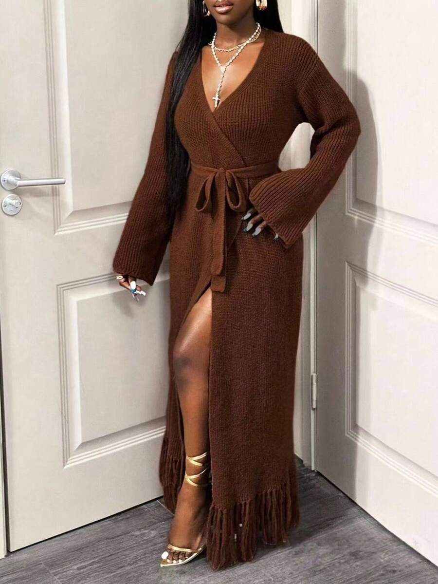 BamGleam 女士毛衣连衣裙开衫针织长袖黄色流苏吊带宽松开衩度假旅行派对女装春秋款冬夏款 - 卡其色 - 查看 1