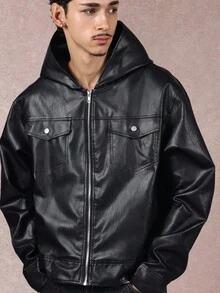 SUMWON Crop Fit Premium Faux Leather Jacket With Hood Classic Trucker Style Winter Fall Outerwear Casual Streetwear Motorcycle Fashion Urban Zip Up - Black - View 4