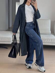 DAZY 女式长款系带休闲牛仔夹克，宽松都市风格 - 中等水洗藍 - 查看 3