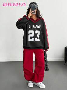 Teen Girls Colorblock Numeric Print Long Sleeve Knit Sweatshirt And Side Pocket Drawstring Cargo Pants 2-Piece Set, Casual Active Outfit - Multicolor - View 1