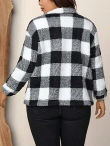 Zelara Plus Buffalo Plaid Print Drop Shoulder Coat, For Winter Fall Autumn - Black and White - View 2