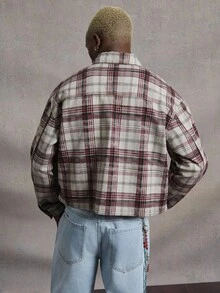 Manfinity Roghcode Men's Plaid Long Sleeve Denim Jacket & Distressed Jeans Set,Light Blue,Autumn,Streetwear,City Break,Back-To-School Single-Breasted Loose Wide Leg Suit - Multicolor - View 2
