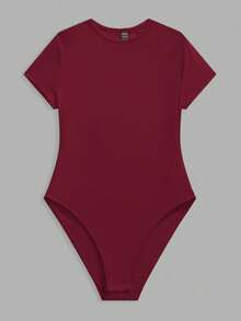 SHEIN BASICS Casual Solid Color Knit Crew Neck Short Sleeve Bodysuit For Women Summer Outfit For Women - Burgundy - View 4