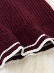 Muvela 女士休闲复古条纹翻领纽扣长袖毛衣，复古学院风，返校季，日常穿着，温暖舒适，秋季，复古风 - 酒紅色 - 查看 6