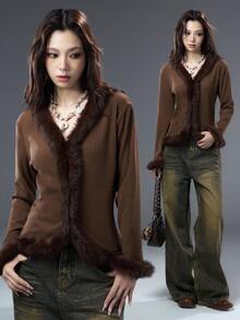 Bloopia Maillard 破洞别致女士磨边修身长袖开衫，秋冬，万圣节 - 棕色 - 查看 1