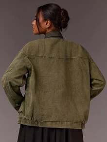 Athîral Chaqueta de mezclilla vintage desgastada y desgastada para mujer - Verde militar - Ver 3