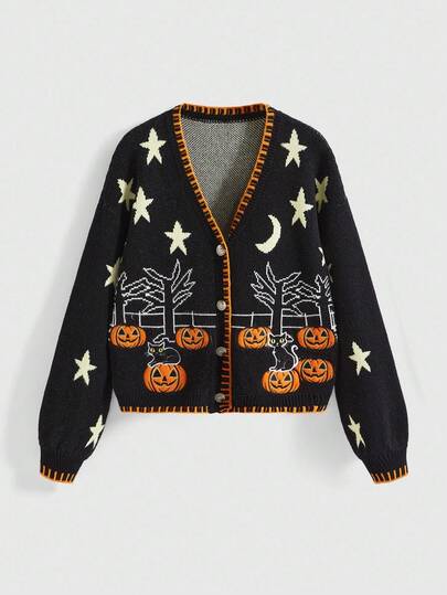 Fairycore Women's Retro Halloween Pumpkin, Black Cat, Moon & Star Embroidered V-Neck Contrast Color Cardigan