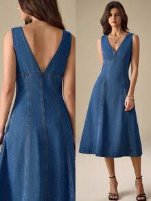 Selenza 女式休闲V领无袖牛仔收腰连衣裙，夏季 - 藍色 - 查看 1