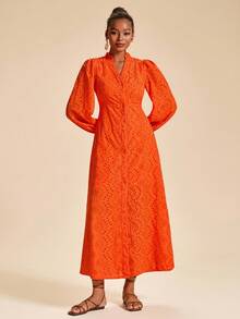 Travachic 女士节日刺绣灯笼袖单排扣优雅连衣裙 - 橘色 - 查看 5
