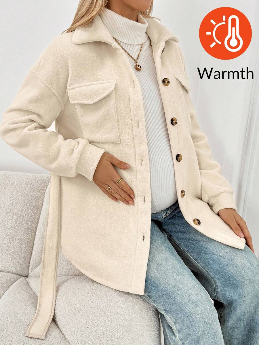 SHEIN Maternity Solid Color Drop Shoulder Long Sleeve Utility Pocket Single-Breasted Casual Regular Jacket