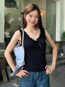 DAZY Women's Casual Korean Style Polka Dot Camisole, Summer - Black - View 4