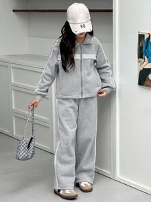 Dazy Kids 女童针织保暖衬里领夹克套装，秋季 - 灰色 - 查看 5