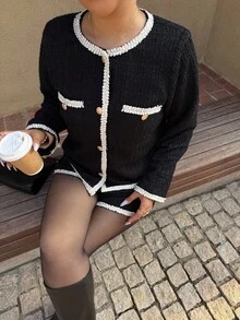 Dripcurv 大码女式秋冬黑色长袖外套和短裤两件套，撞色滚边，优雅都市通勤风格，适合新年穿着。