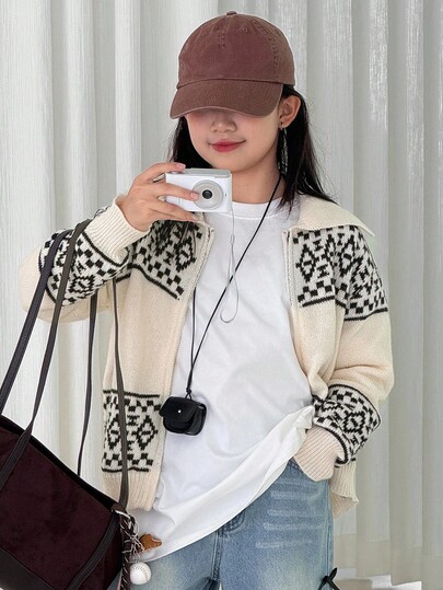 Dazy Kids 青少年女孩拼色休闲百搭翻领开衫