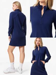 GLOWMODE French Terry Midi Dress Side Pockets Zip Casual Daily - Dark Blue - View 8