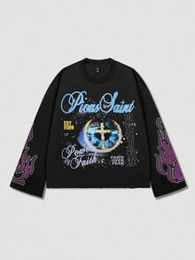 ROMWE MEN Street Life Men Black Oversized Long T-Shirt With Eye Cross Flame & Round Rhinestone Pattern, Streetwear For Casual Daily Wear, Fall - Black - View 4