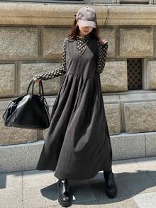 FRIFUL Đầm yếm không tay màu đen trơn dành cho nữ, chất liệu vải nhung kẻ, chân váy xếp ly xòe rộng, đầm dài đa năng thoải mái, đầm maxi mùa thu. - Xám - Xem 2