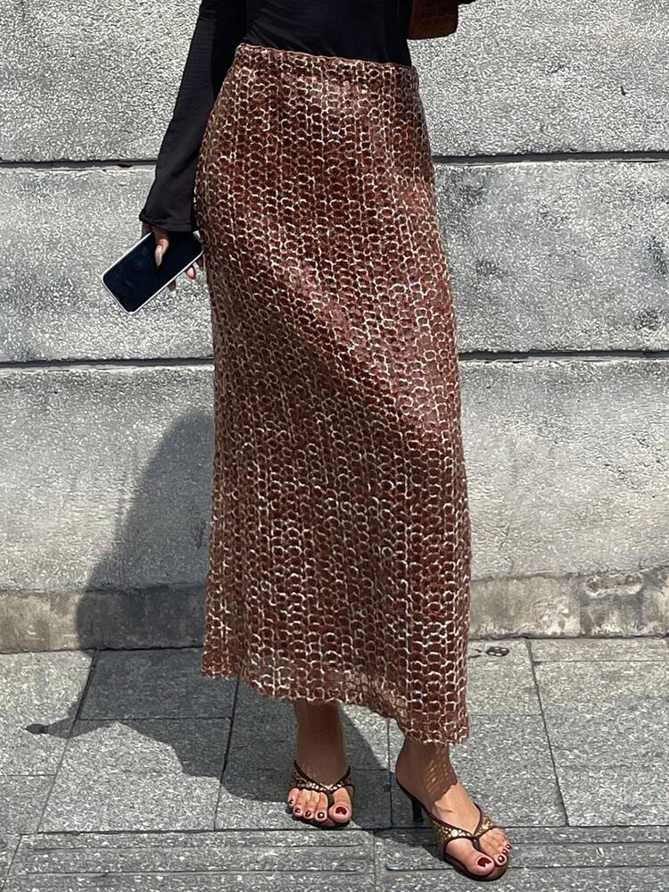 Elegant Brown Straight Skirt, Casual & Formal Wear, Sparkling Sequins Decor, Suitable For Party, Wedding, Banquet, Spring/Autumn New Years