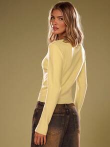 SHEIN BAE Women's Solid Color Oblique Collar Single-Breasted Casual Knitted Cardigan, Long Sleeve,Halloween,Halloween Clothes Women,Winter Clothes Women,Fall Sweaters,Fall Clothes For Women,Fall Fashion,Fall Women Sweaters, Yellow Sweater, Butter Yellow Top,Cute Sweater,