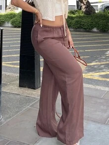 NegzBox Pantalones casuales de mezcla de lino de talle bajo y pierna recta para mujer, apropiados para vacaciones - Óxido marrón - Ver 4
