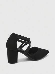 CUCCOO BIZCHIC Women's Fashion Black Elastic Strap Pointed Toe Chunky High Heel Pumps, Suitable For Commute, Date, Party, Wedding, Holiday For Christmas Spring Shoes - Black - View 10